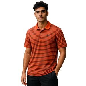 Under Armour Striped Mens Large Polo Golf Shirt Heat Gear Orange Classic